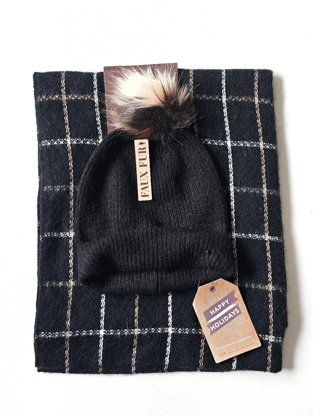 ALTARE Faux Fur Pom Pom Beanie & Plaid Infinity Scarf Set Black NWT One Size